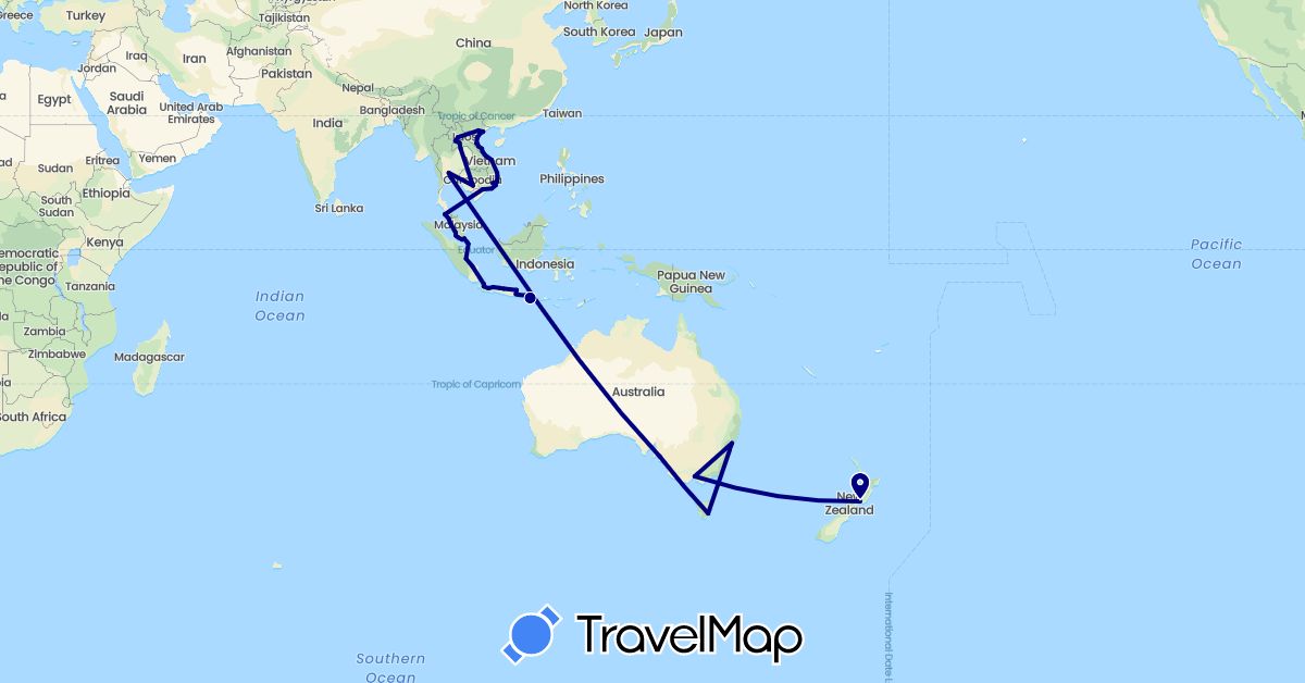 TravelMap itinerary: driving in Australia, Indonesia, Cambodia, Laos, Malaysia, New Zealand, Singapore, Thailand, Vietnam (Asia, Oceania)